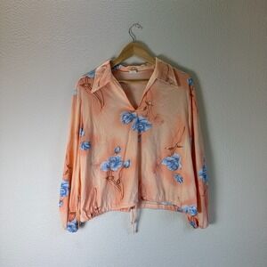 Vintage ILGWU Blouse Women Size 40 Peach Good Floral Blue Rose 70s V-Neck